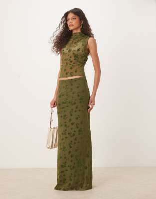 ASOS DESIGN sheer floral ruched high neck flocked sleeveless top and maxi skirt set in olive - view 1