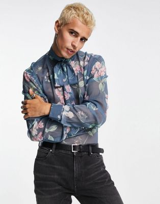 ASOS DESIGN sheer floral shirt with pussybow in blue