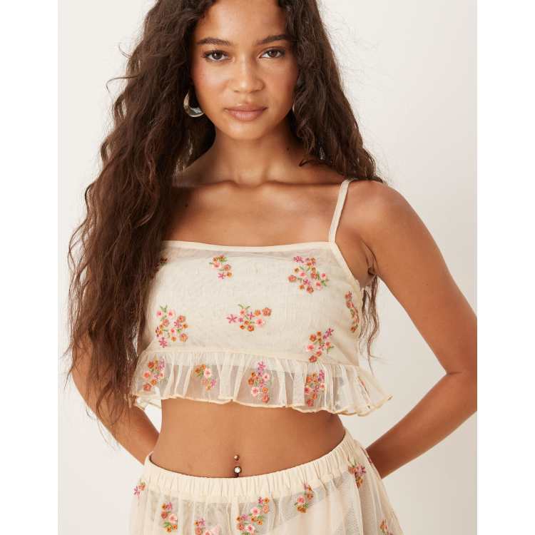 ASOS DESIGN sheer frill hem crop top with embroidery in yellow