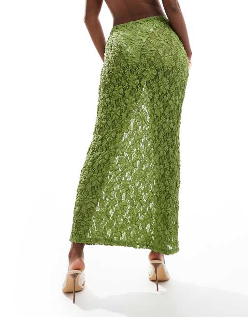 ASOS DESIGN sheer full lace maxi skirt with seam detail in khaki, 2 of 5