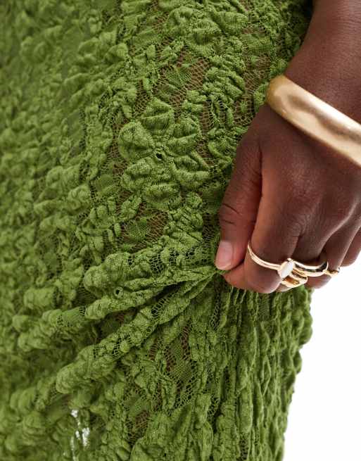 ASOS DESIGN sheer full lace maxi skirt with seam detail in khaki, 3 of 5