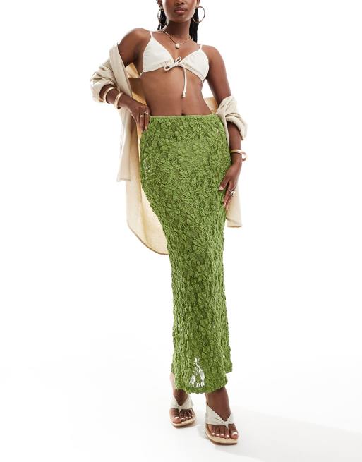 ASOS DESIGN sheer full lace maxi skirt with seam detail in khaki, 4 of 5