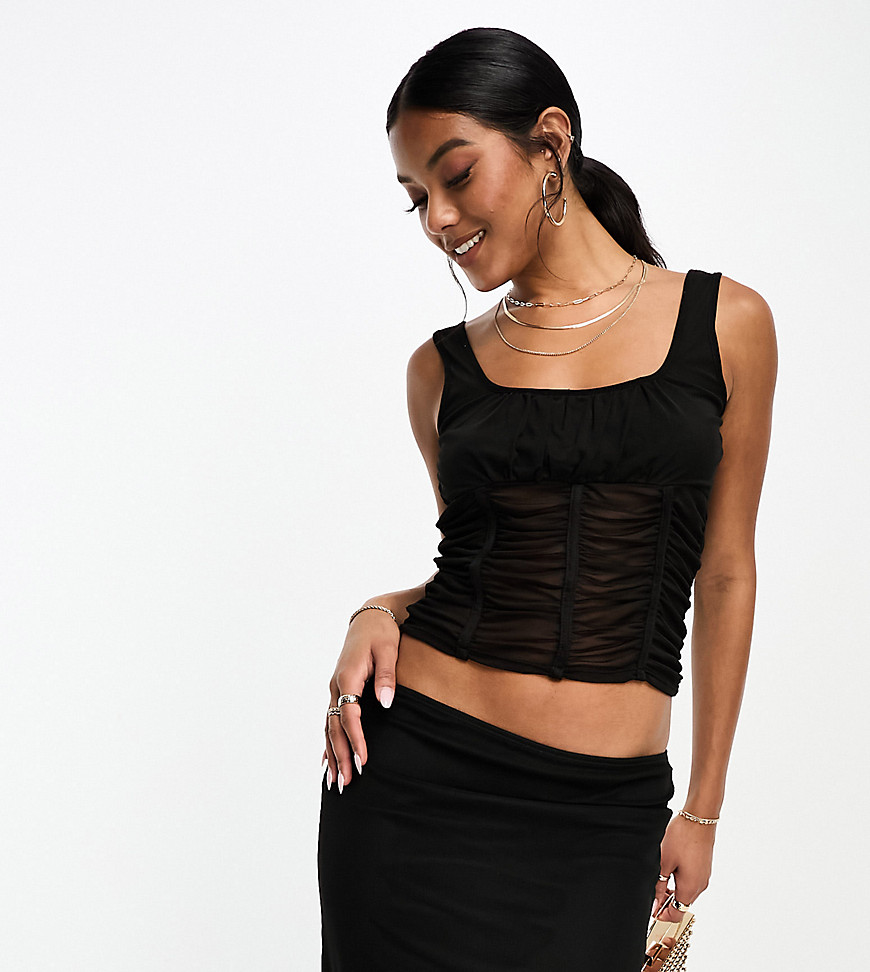 ASOS DESIGN sheer gathered mesh corset top in black