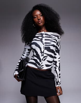 Asos Design Sheer Gauzy Mesh Button Through Zebra Printed Top In Black
