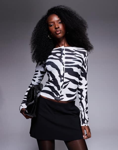 ASOS DESIGN sheer gauzy mesh button through zebra printed top in ivory - view 1