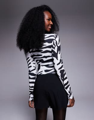 Asos Design Sheer Gauzy Mesh Button Through Zebra Printed Top In Black
