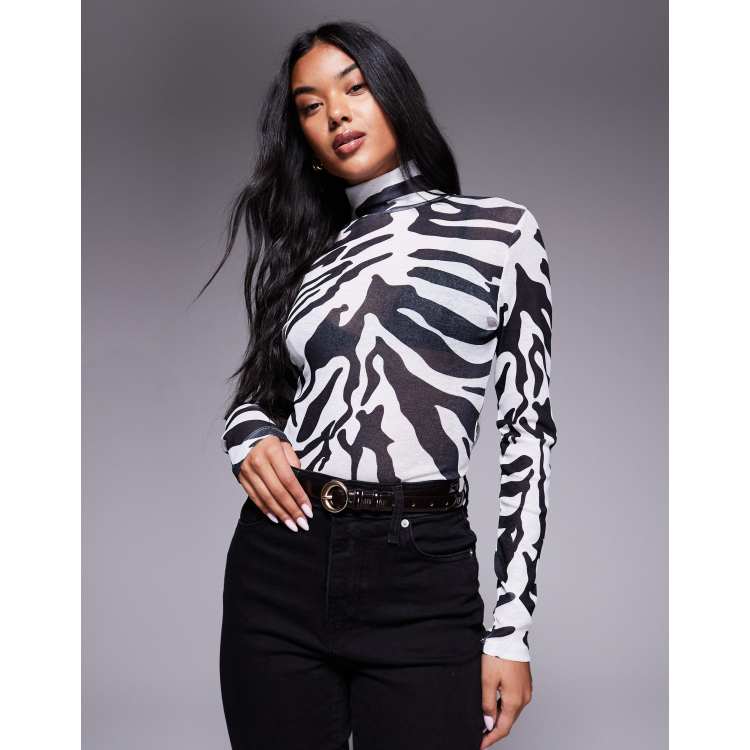 ASOS DESIGN sheer gauzy mesh zebra printed turtleneck top in