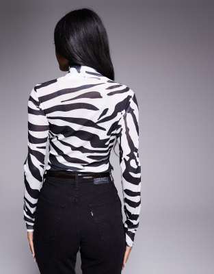 Asos Design Sheer Gauzy Mesh Zebra Printed Turtleneck Top In White