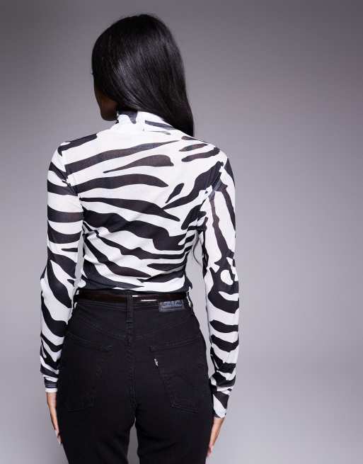 ASOS DESIGN sheer gauzy mesh zebra printed turtleneck top in ivory