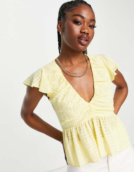 ASOS DESIGN sheer gingham top with V-neck & peplum hem in blush