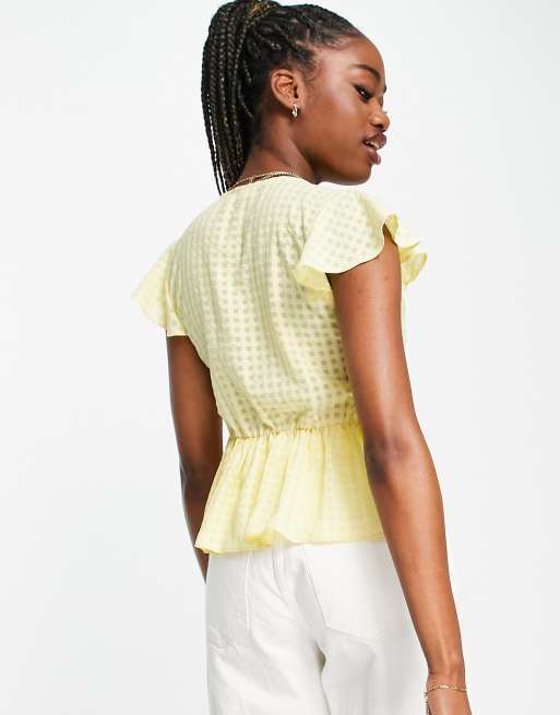 ASOS DESIGN sheer gingham top with V-neck & peplum hem in yellow