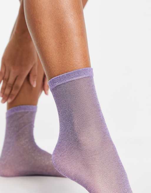 ASOS DESIGN sheer glitter ankle socks in lilac ASOS
