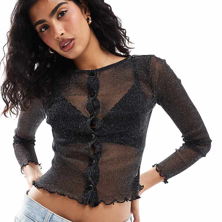 ASOS DESIGN sheer glitter mesh shrunken cardigan in black | ASOS ASOS DESIGN sheer glitter mesh shrunken cardigan in black | ASOS