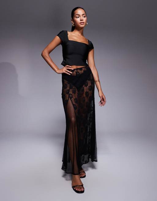 ASOS DESIGN sheer godet lace mix maxi skirt in black