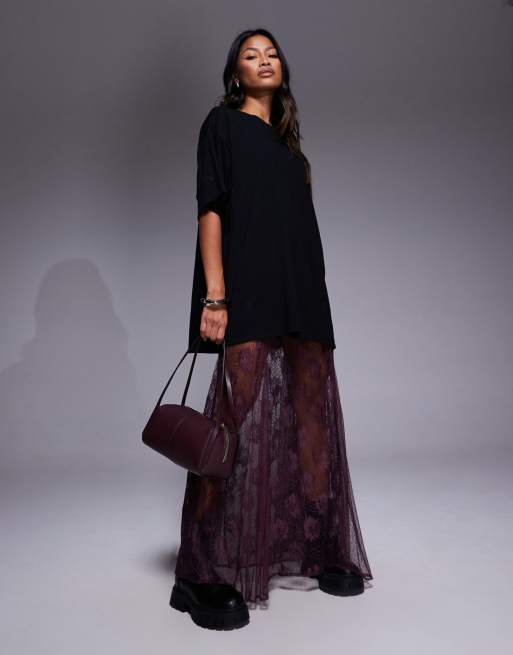 ASOS DESIGN sheer godet lace mix maxi skirt in plum