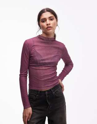 Asos Design Sheer Grown On Neck Long Sleeve In Pink