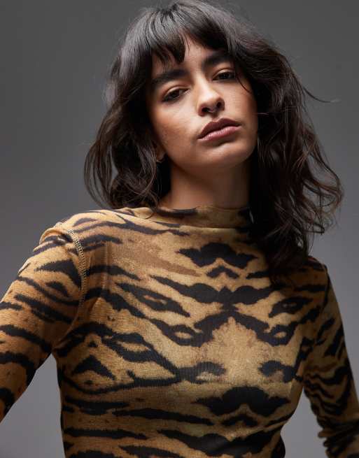ASOS DESIGN sheer grown on neck long sleeve top in tiger print | ASOS