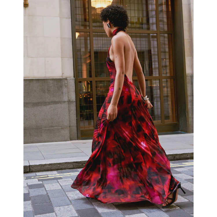 ASOS DESIGN sheer halter maxi dress with flare seamed skirt