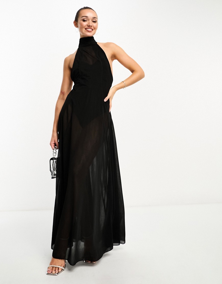 ASOS DESIGN sheer halter maxi dress with godet seamed skirt in black