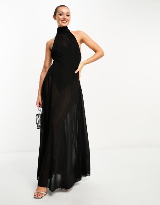 ASOS DESIGN sheer tank maxi dress with wrap skirt in black