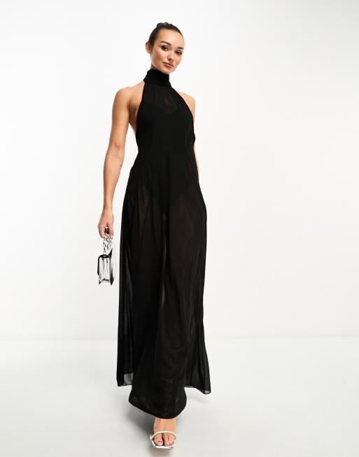 ASOS DESIGN sheer halter maxi dress with seamed flare skirt in black