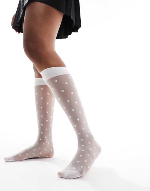 Sheer Knee High Polka Dot Socks in White with Pink Bow - The