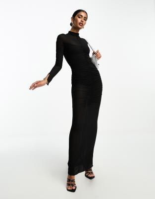 Asos Design Sheer High Neck Maxi Dress With Ruched Bodice And Bodysuit In Black