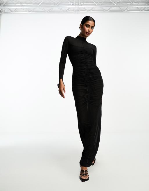 ASOS DESIGN sheer high neck maxi dress with ruched bodice and bodysuit in  black