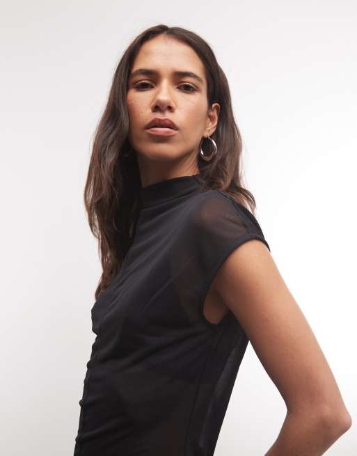 ASOS DESIGN sheer high neck short sleeve top with seam detail in black, 3 of 4