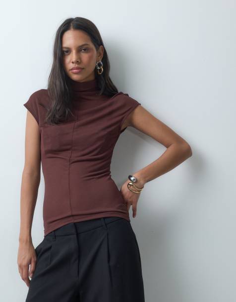 ASOS DESIGN sheer high neck short sleeve top with seam detail in chocolate - view 1