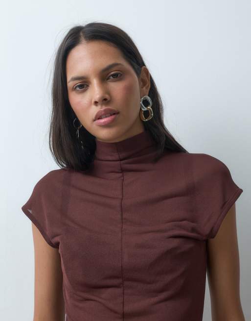 ASOS DESIGN sheer high neck short sleeve top with seam detail in chocolate, 3 of 4