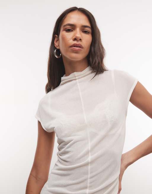 ASOS DESIGN sheer high neck short sleeve top with seam detail in cream, 3 of 4