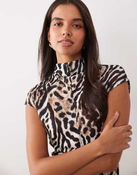 ASOS DESIGN sheer high neck short sleeve top with seam detail in snow leopard - view 1