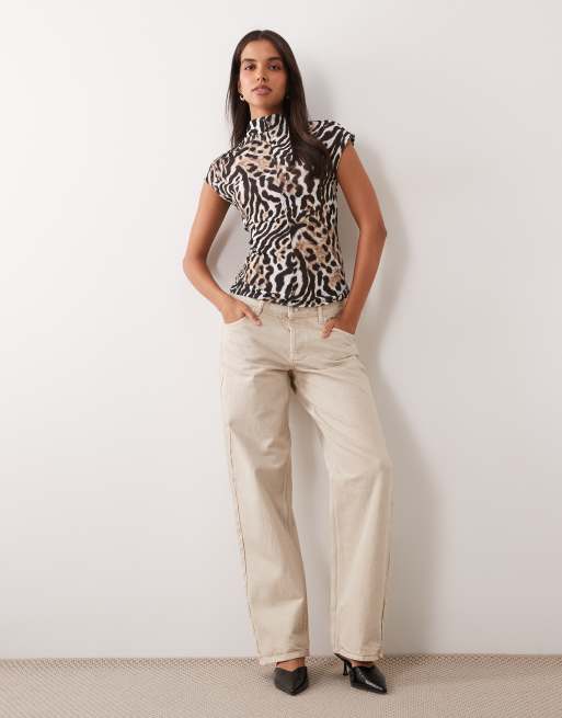ASOS DESIGN sheer high neck short sleeve top with seam detail in snow leopard, 2 of 4
