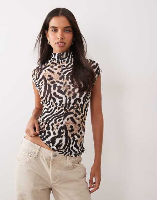 ASOS DESIGN sheer high neck short sleeve top with seam detail in snow leopard, 3 of 4