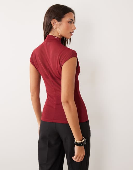ASOS DESIGN sheer high neck short sleeve top with seam detail in wine, 3 of 4