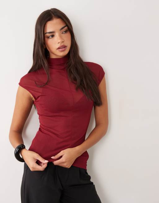 ASOS DESIGN sheer high neck short sleeve top with seam detail in wine, 4 of 4