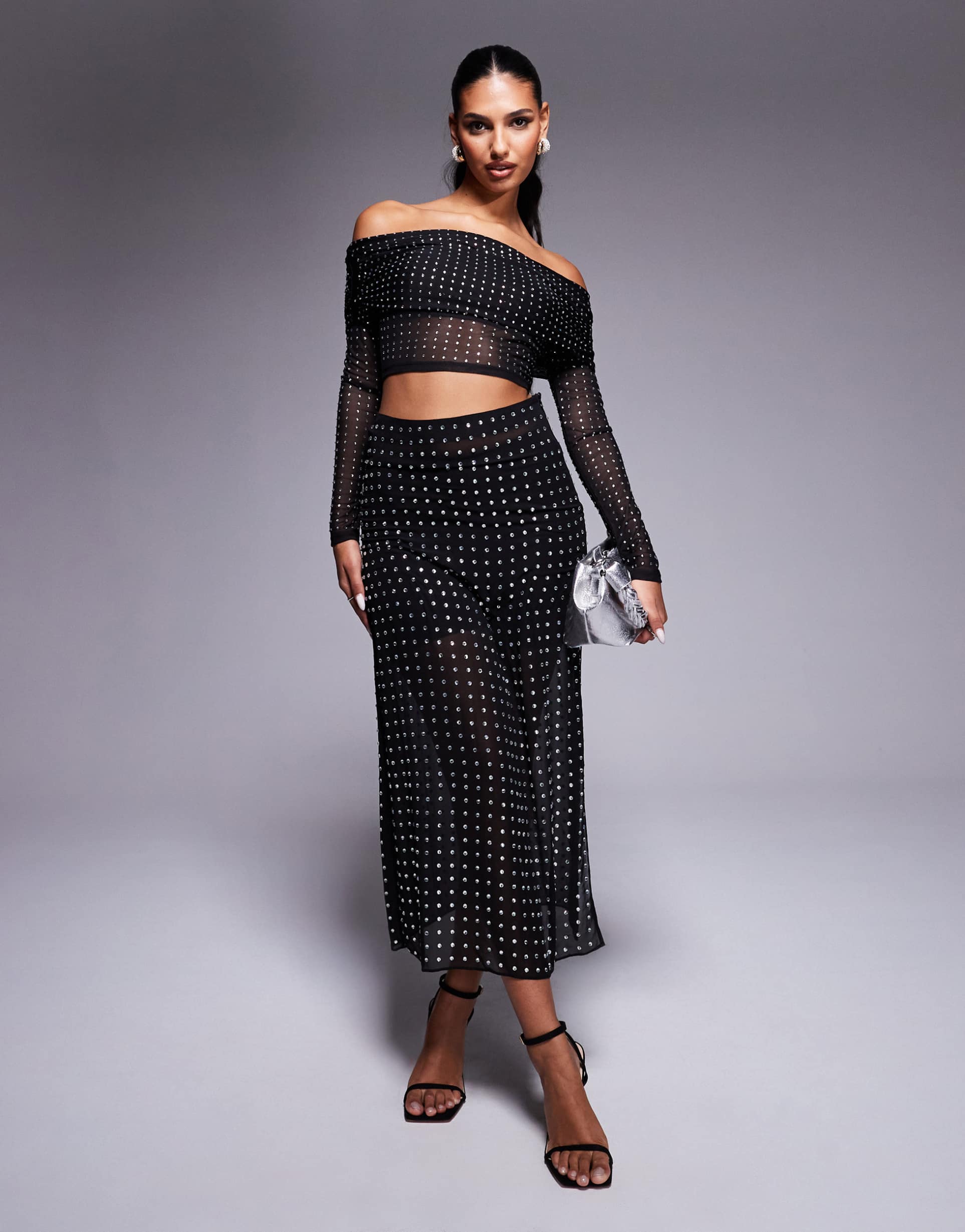 asos design sheer hotfix maxi skirt in black