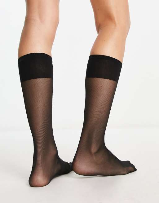 ASOS DESIGN sheer knee high socks in black , 3 of 4