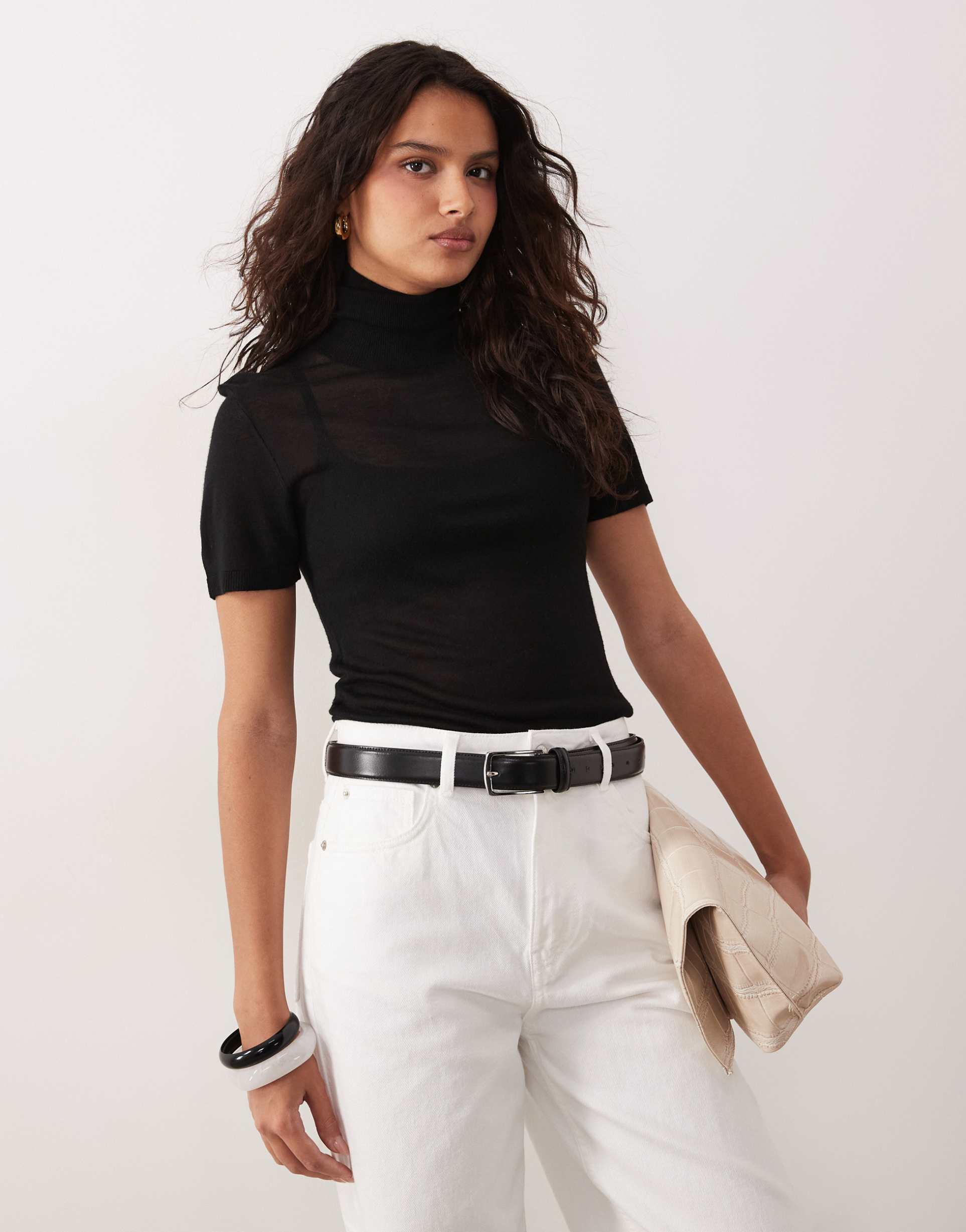 asos design sheer knit grown-on neck t-shirt in black