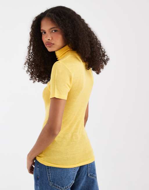 ASOS DESIGN sheer knit grown-on neck T-shirt in yellow, 4 of 4