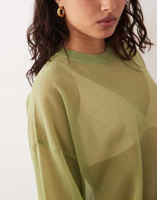 ASOS DESIGN sheer knit long sleeve top in green, 2 of 4