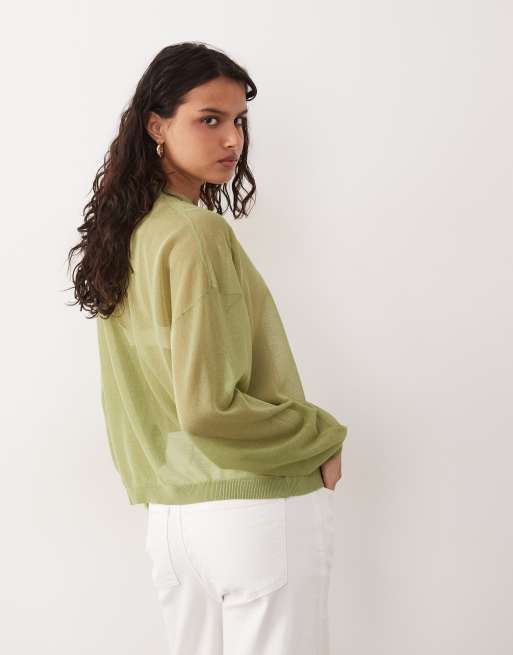 ASOS DESIGN sheer knit long sleeve top in green, 4 of 4