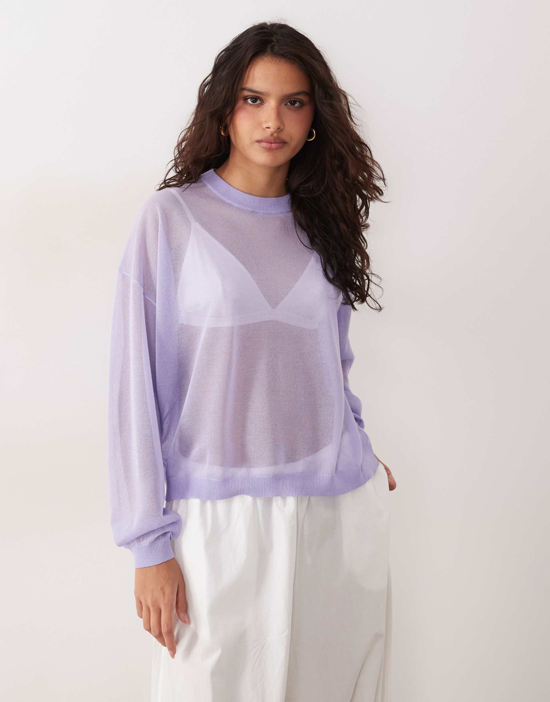 asos design sheer knit long sleeve top in lilac