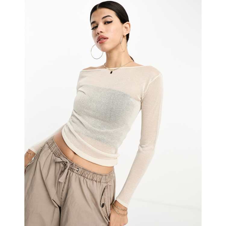 ASOS DESIGN sheer knit off shoulder top in cream