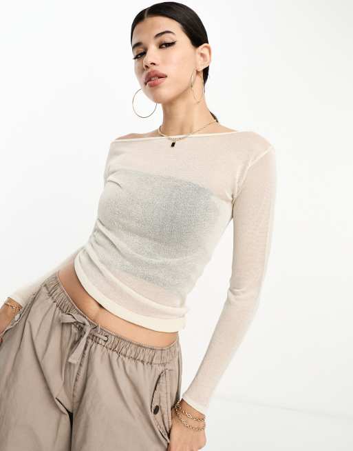 ASOS DESIGN sheer knit off shoulder top in cream