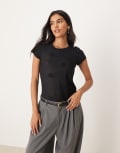 [ASOS DESIGN] ASOS DESIGN sheer knit polka dot top with cap sleeve in black L Black