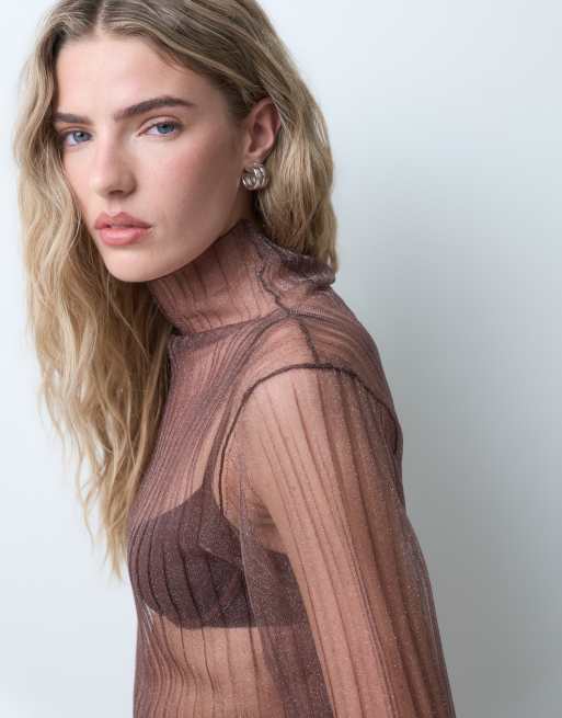 ASOS DESIGN sheer knit rib high neck top in chocolate, 3 of 5