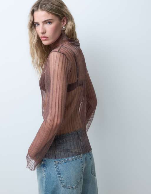 ASOS DESIGN sheer knit rib high neck top in chocolate, 4 of 5