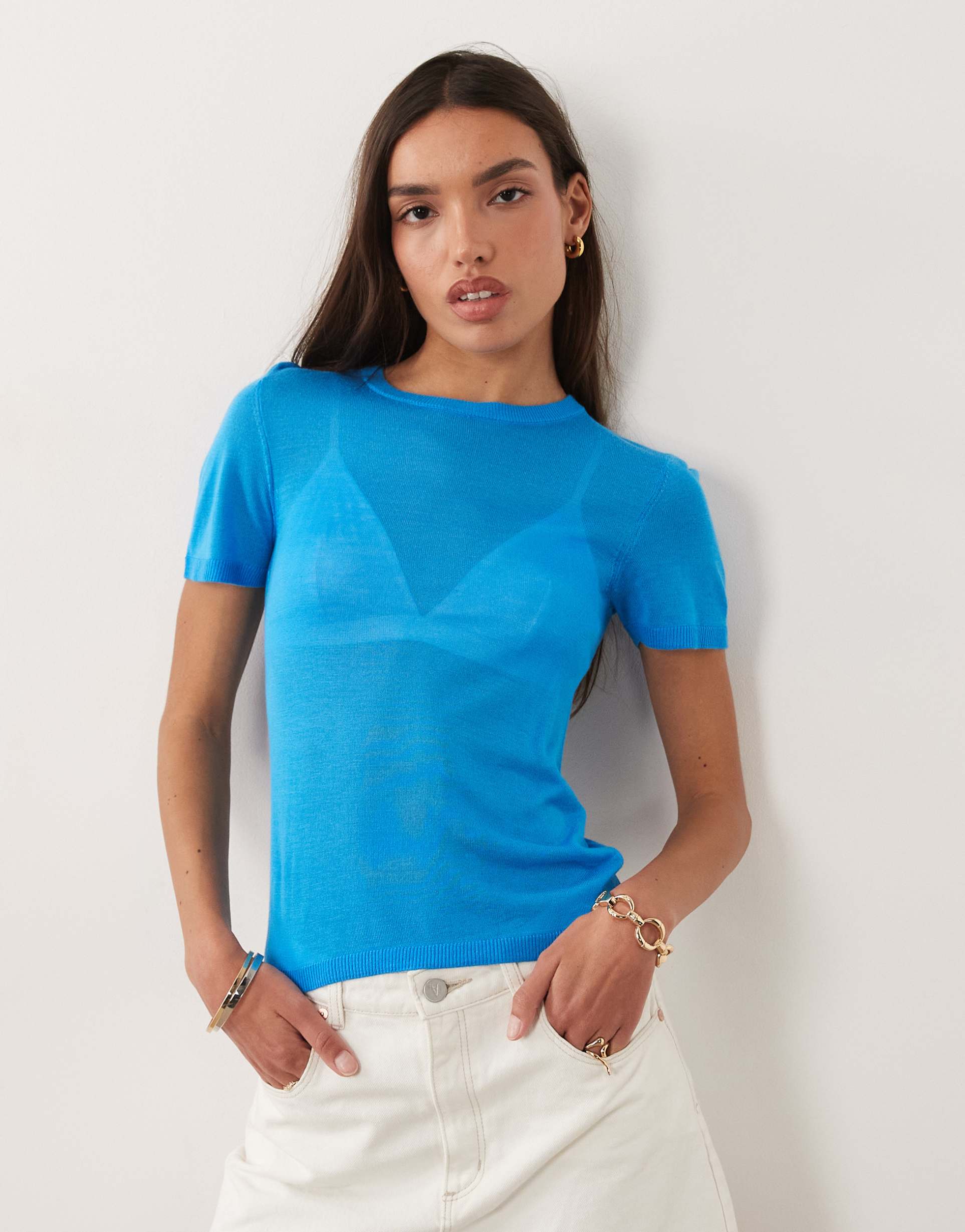 asos design sheer knit second skin t-shirt in blue